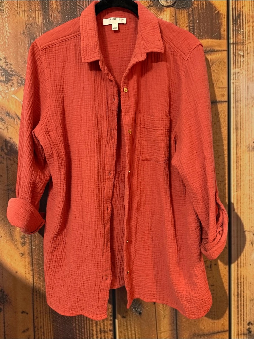 Anne Klein Jeans Lucile Gauze Shirt Terracotta Cotton Roll Tab Sz L